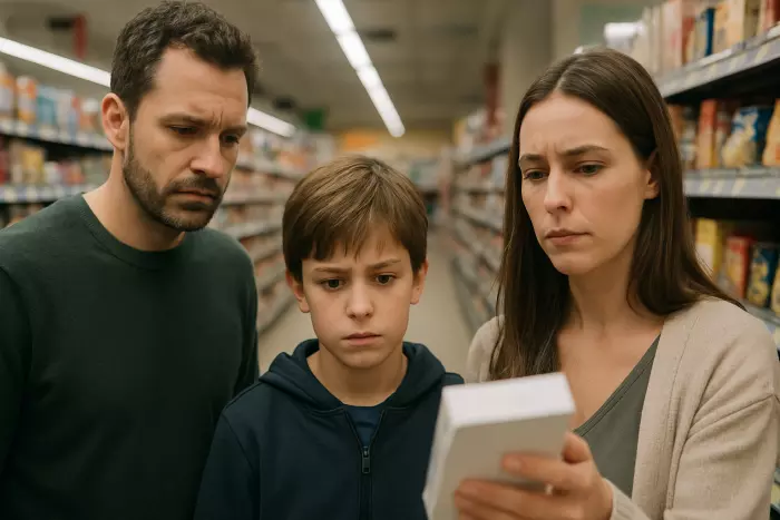Family reading something together with concerned expressions
